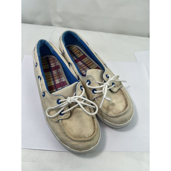 L.L.Bean Boat Shoes Womens‎ Size 6M Cream Blue Canvas Flats Lace Up Outdoor - Picture 1 of 7
